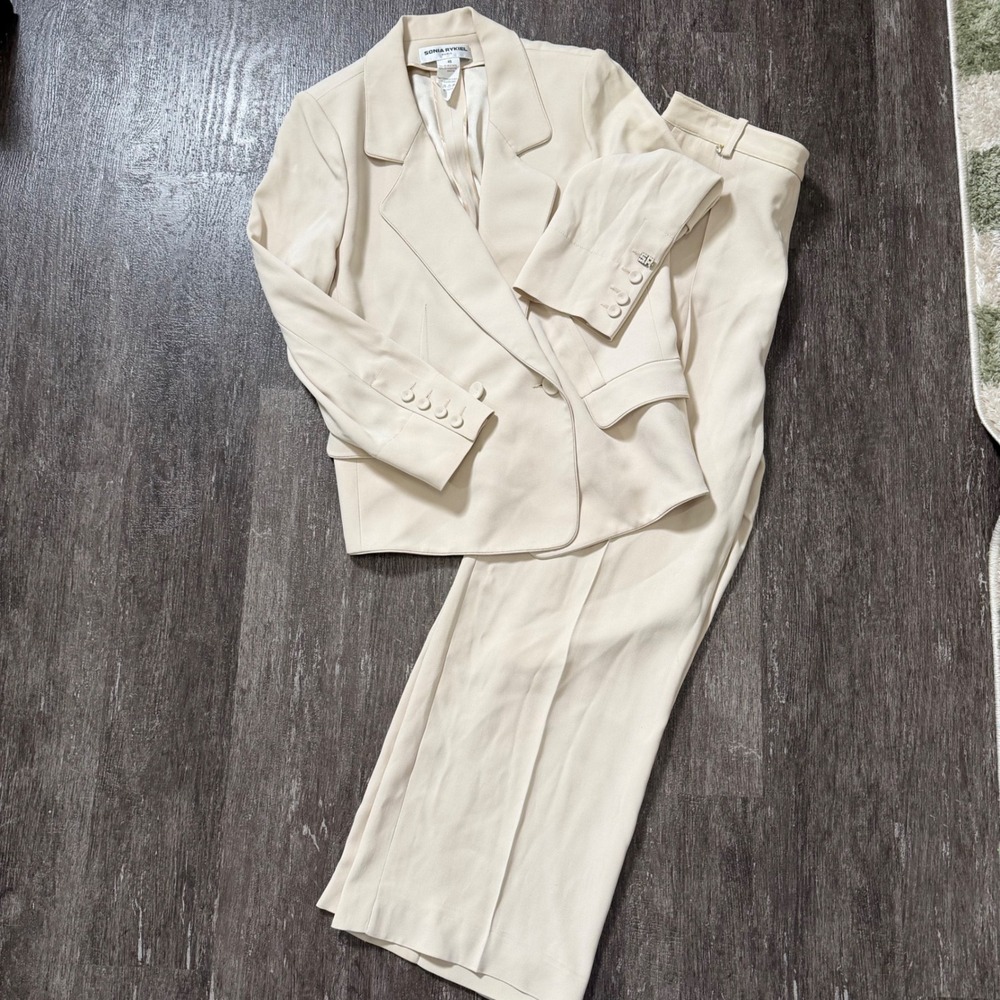 Sonia Rykiel Pant Suit Women 46 Cream Rhinestone Logo Blazer Trousers France